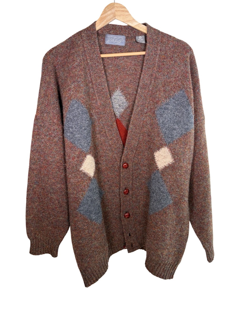 Vintage Lord & Taylor Kensington Brown Argyle Wool  Cardigan Sweater XL